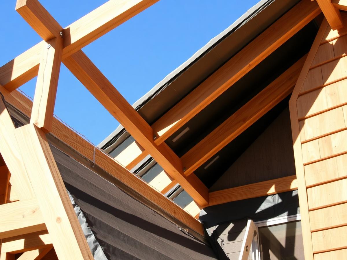 Odsłonięta więźba dachowa z nową membraną podczas wymiany dachu